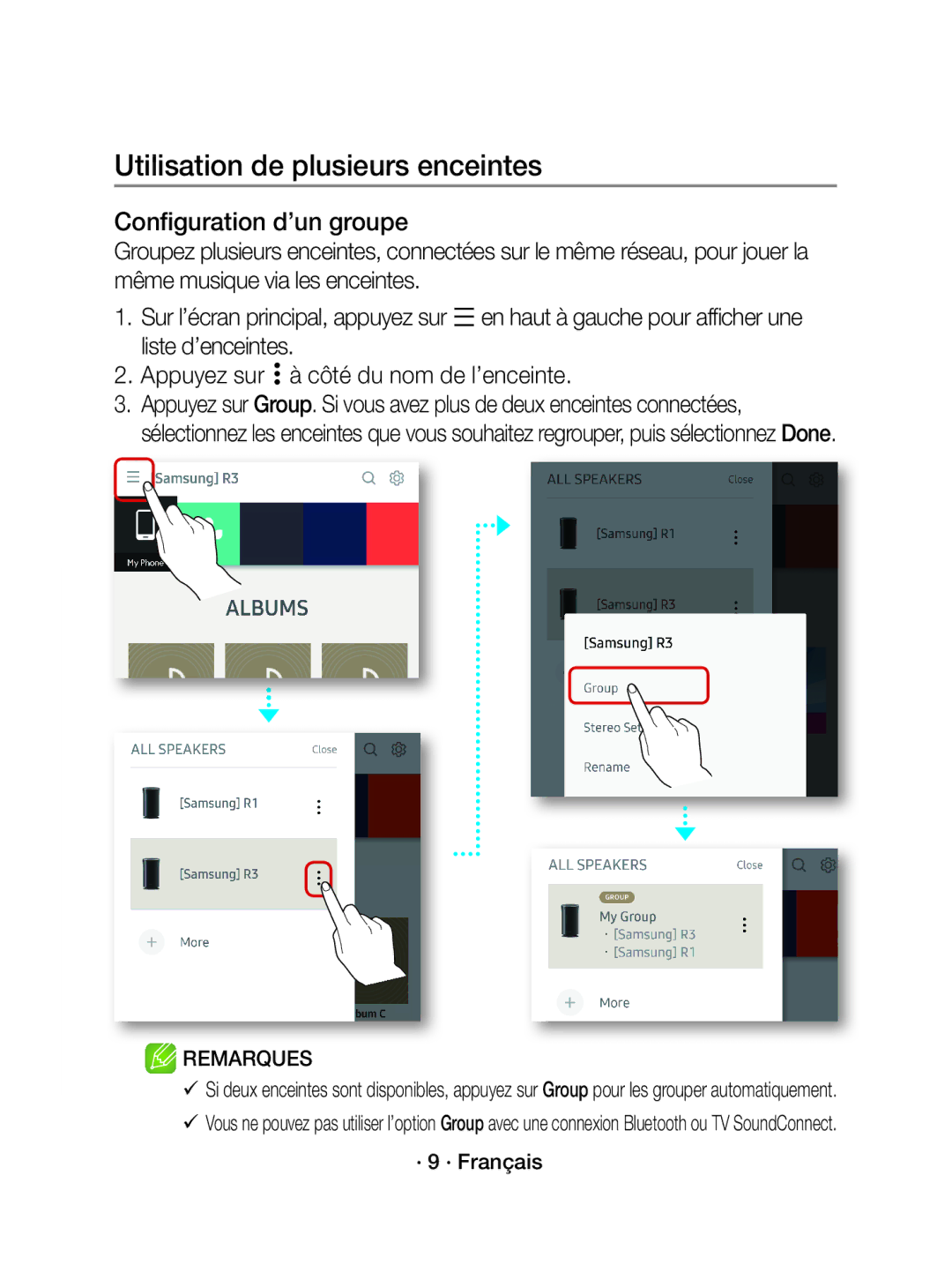 Samsung WAM5500/XN, WAM3500/EN, WAM5500/EN Utilisation de plusieurs enceintes, Configuration d’un groupe, · 9 · Français 