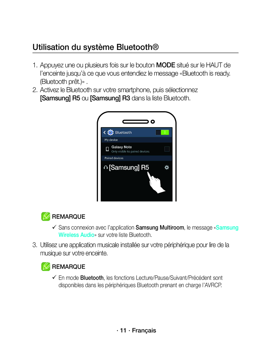 Samsung WAM5500/EN, WAM3500/EN, WAM3500/XN, WAM5500/XN manual Utilisation du système Bluetooth, · 11 · Français 