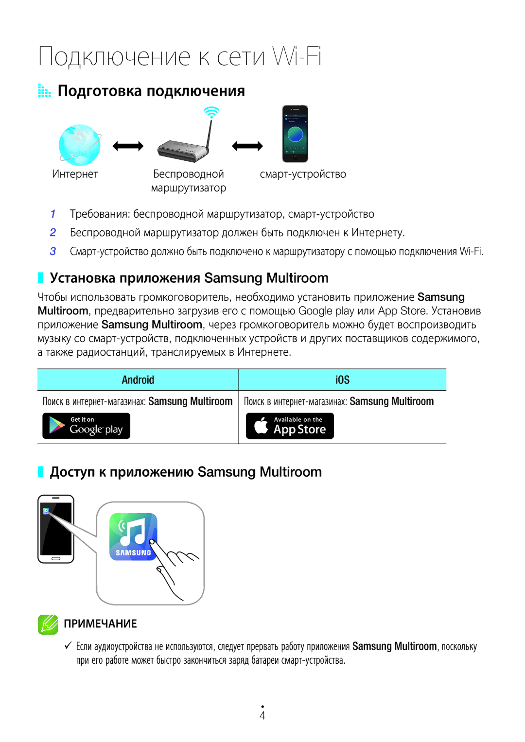 Samsung WAM1500/RU, WAM3500/RU, WAM5500/RU manual AA Подготовка подключения, Установка приложения Samsung Multiroom 