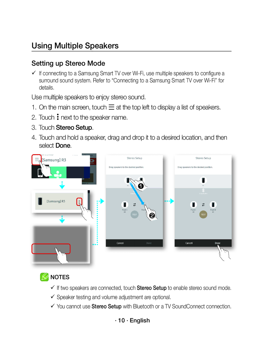 Samsung WAM3500/SQ manual Setting up Stereo Mode, Use multiple speakers to enjoy stereo sound, · 10 · English 