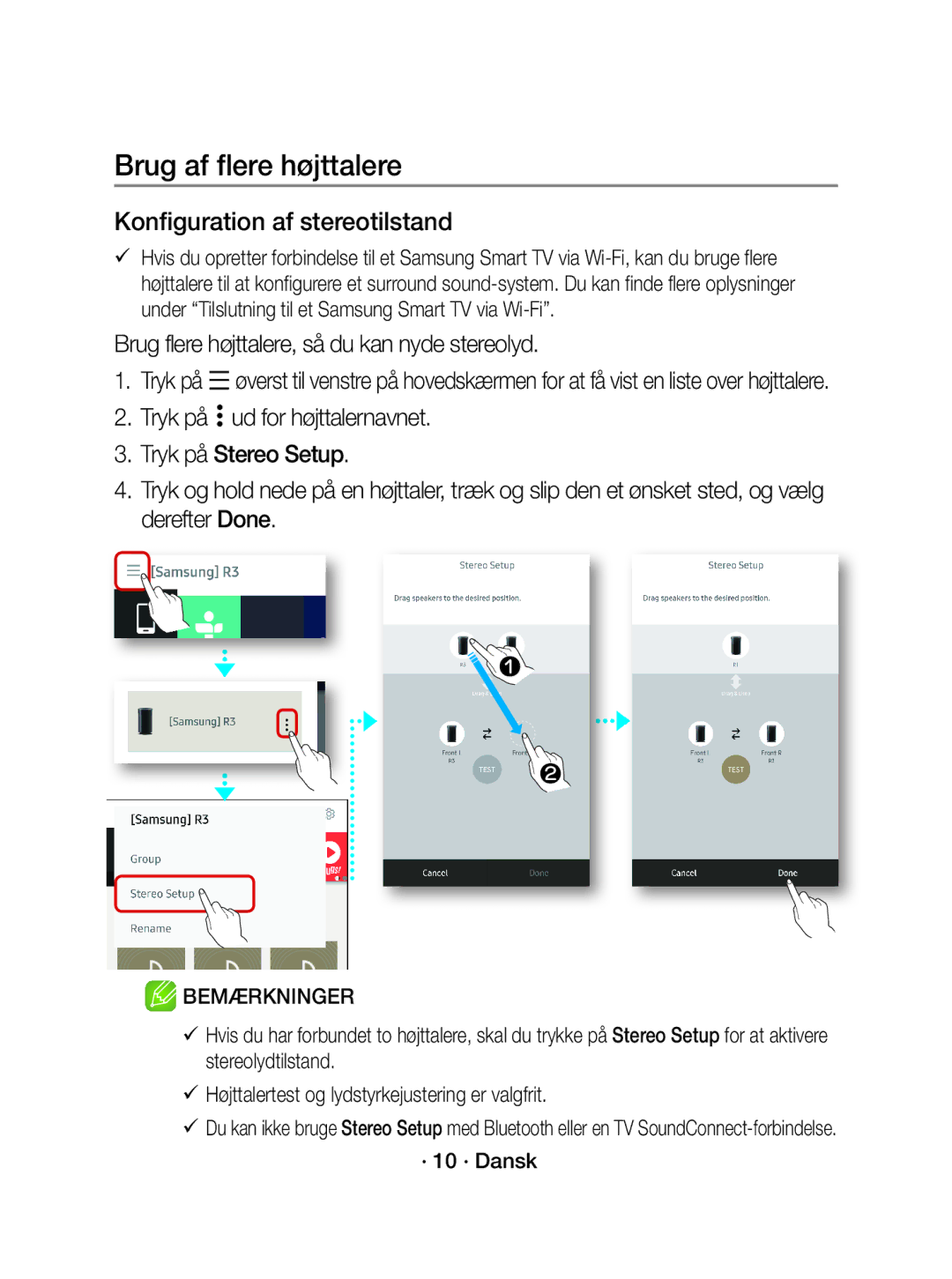 Samsung WAM5500/XE manual Konfiguration af stereotilstand, Brug flere højttalere, så du kan nyde stereolyd, · 10 · Dansk 