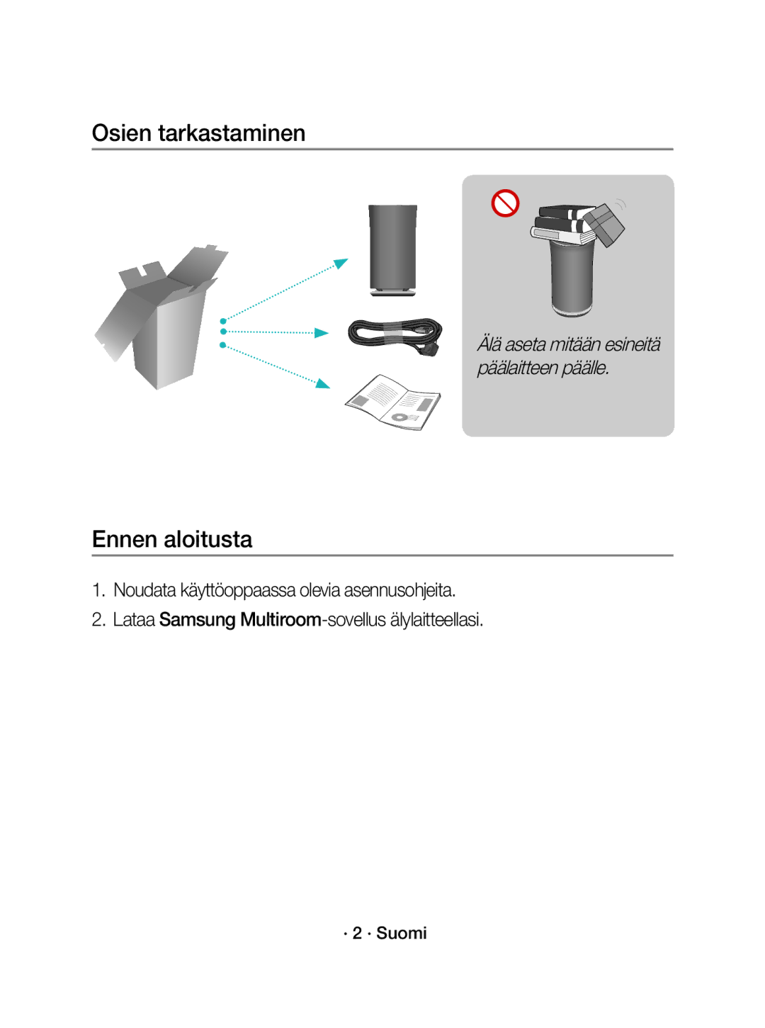 Samsung WAM3500/XE, WAM5500/XE manual Osien tarkastaminen, Ennen aloitusta, · 2 · Suomi 