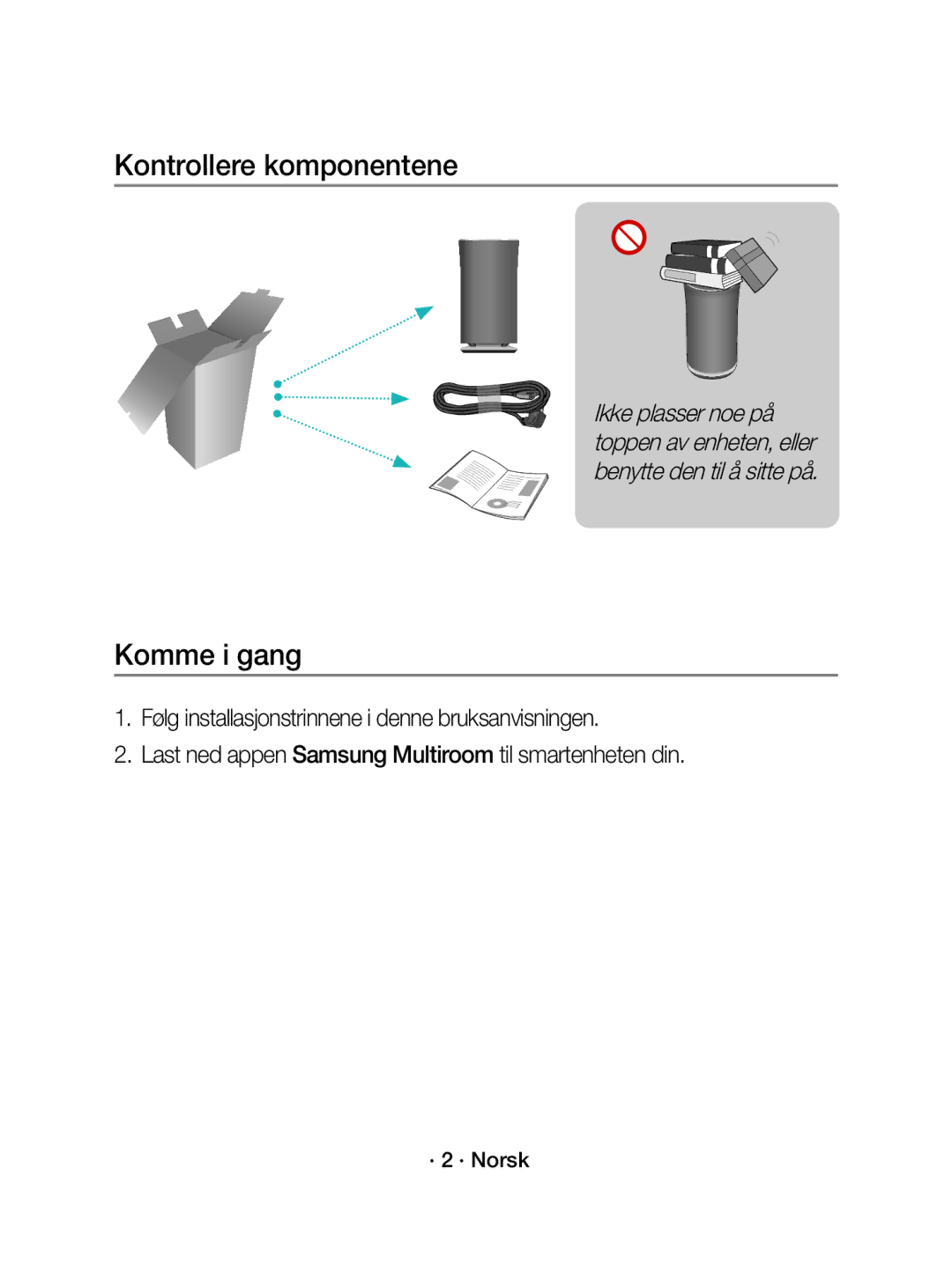 Samsung WAM5500/XE, WAM3500/XE manual Kontrollere komponentene, Komme i gang, · 2 · Norsk 