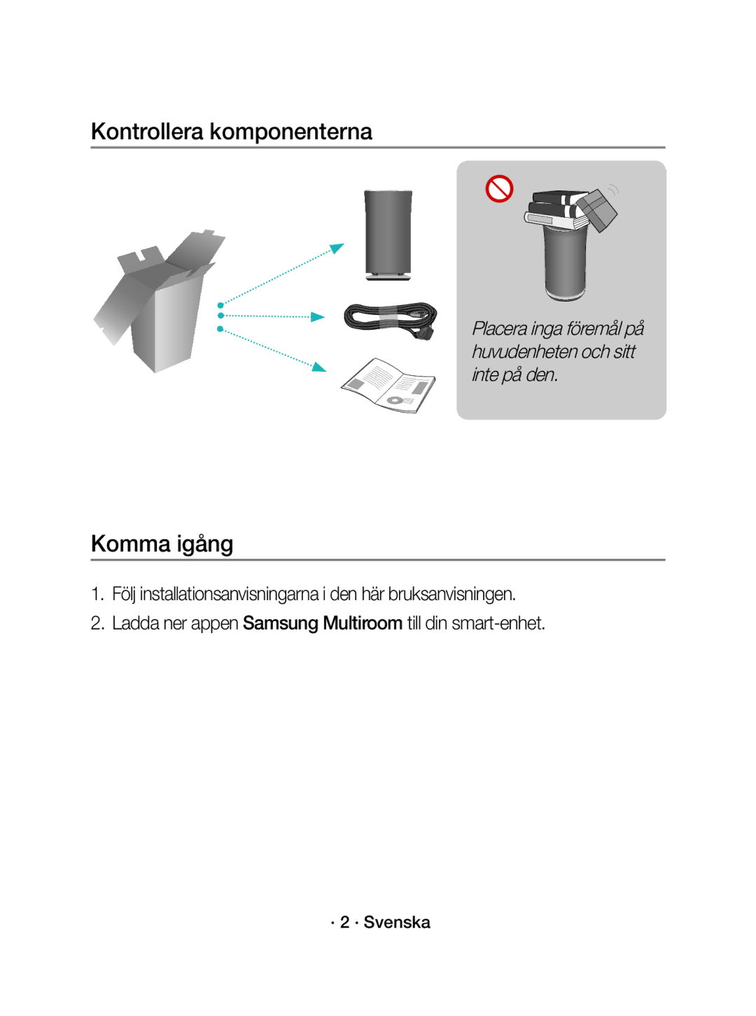 Samsung WAM3500/XE, WAM5500/XE manual Kontrollera komponenterna, Komma igång, · 2 · Svenska 