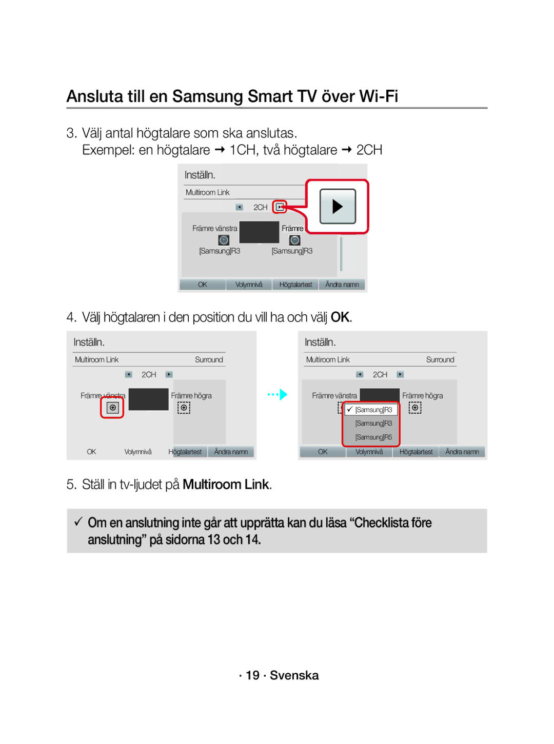 Samsung WAM5500/XE, WAM3500/XE manual Välj högtalaren i den position du vill ha och välj OK, · 19 · Svenska 