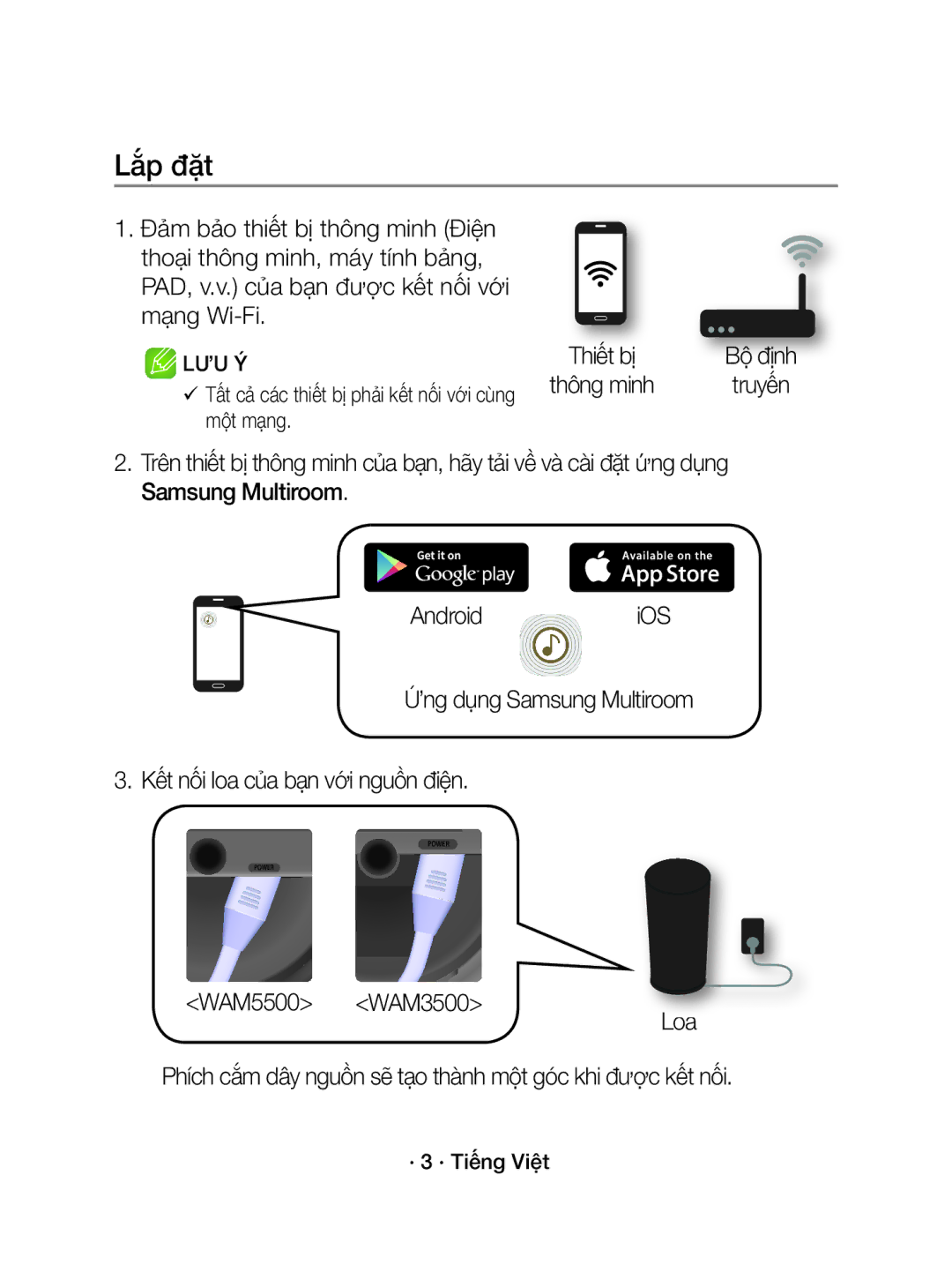 Samsung WAM3500/XV Lắp đặt,  Tất cả các thiết bị phải kết nối với cùng một mạng, Bộ định, Thông minh, · 3 · Tiếng Việt 