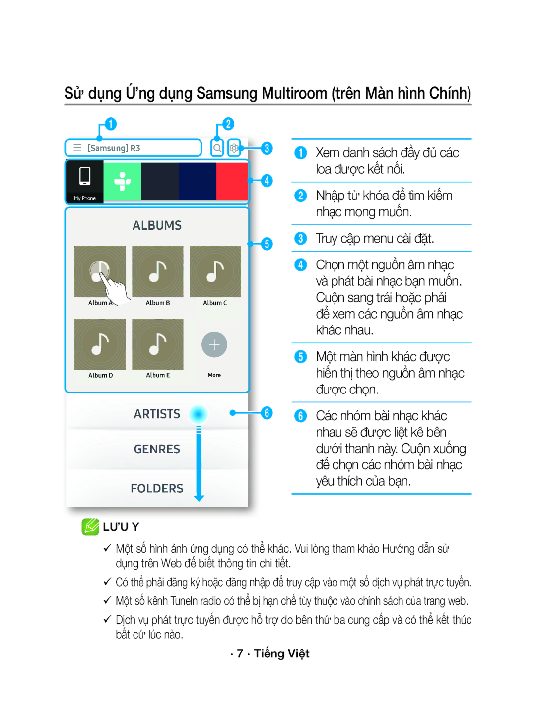 Samsung WAM3500/XV manual Sử dụng Ứng dụng Samsung Multiroom trên Màn hình Chính, Truy cập menu cài đặt 