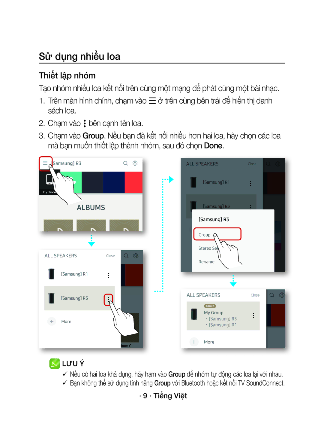 Samsung WAM3500/XV manual Sử dụng nhiều loa, Thiết lập nhóm, · 9 · Tiếng Việt 