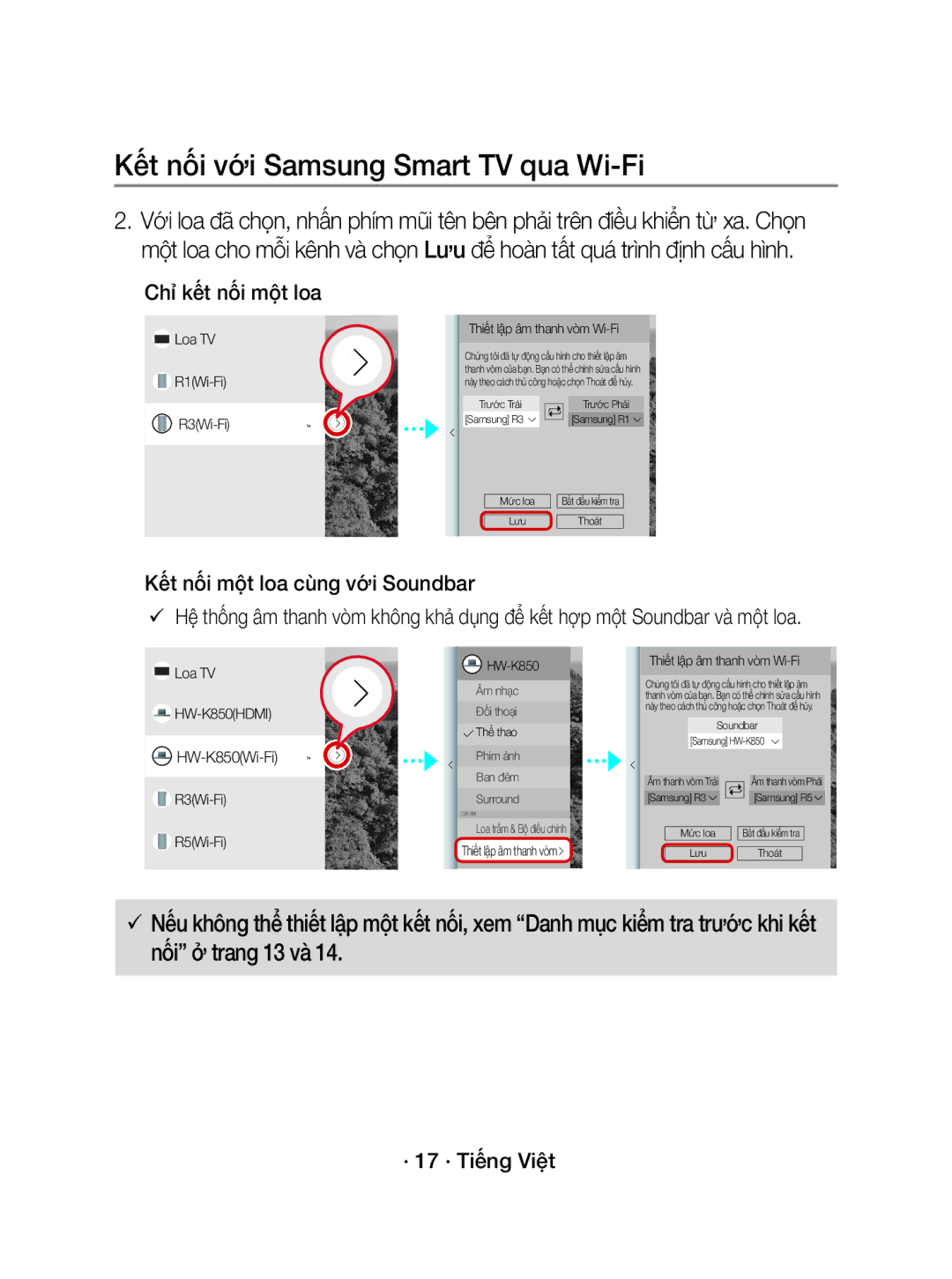Samsung WAM3500/XV manual Chỉ kết nối một loa, Kết nối một loa cùng với Soundbar, · 17 · Tiếng Việt 