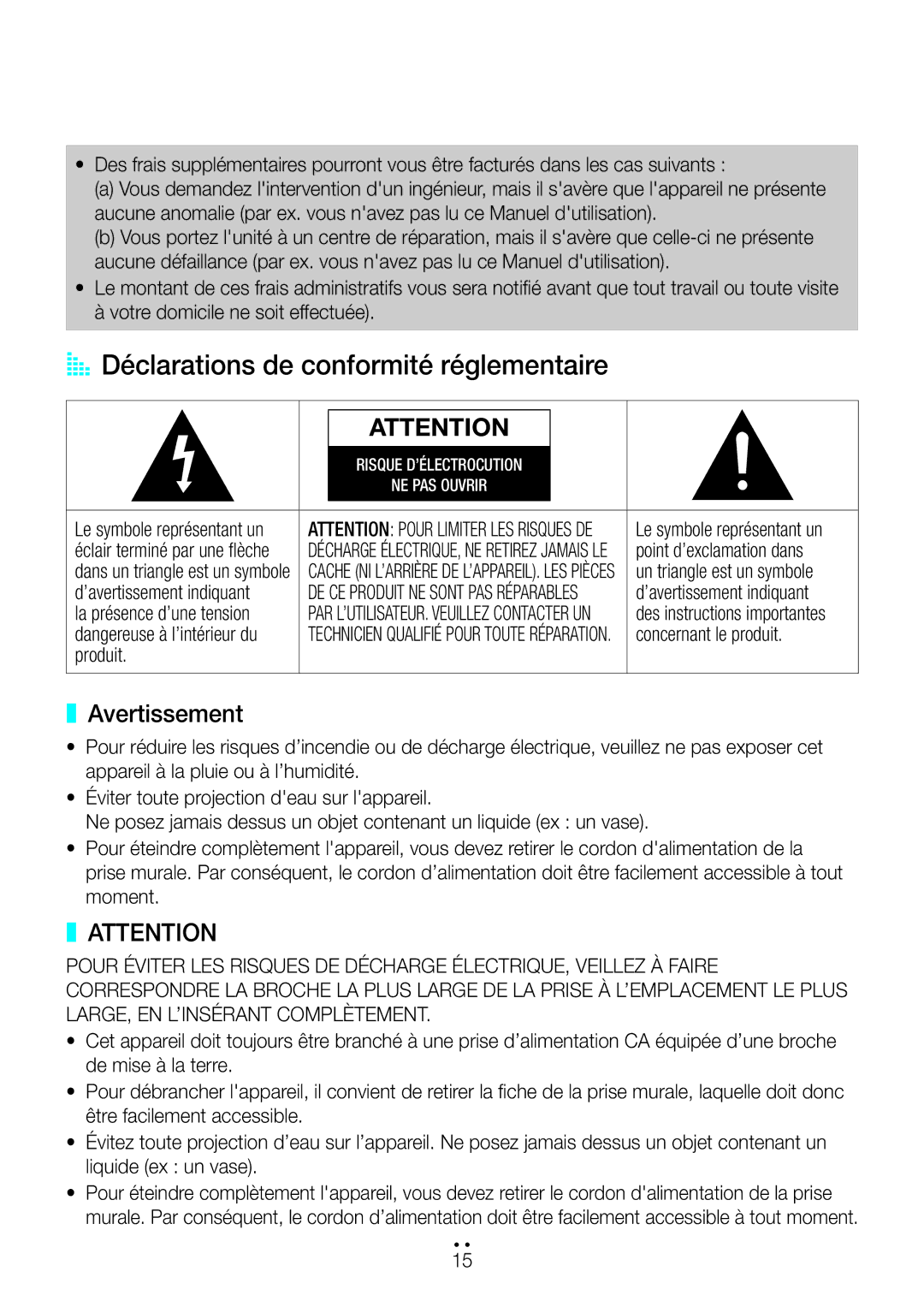 Samsung WAM1500/ZF, WAM3500/ZF manual AA Déclarations de conformité réglementaire, Avertissement 