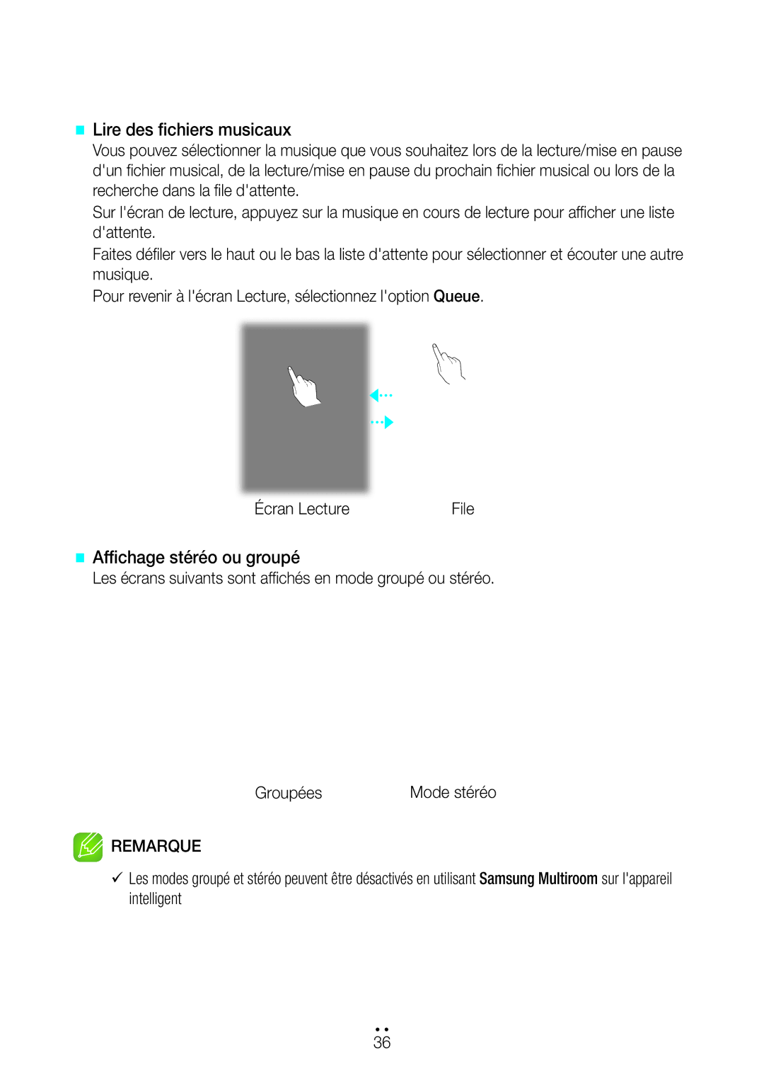 Samsung WAM3500/ZF, WAM1500/ZF manual @@ Lire des fichiers musicaux, @@ Affichage stéréo ou groupé 