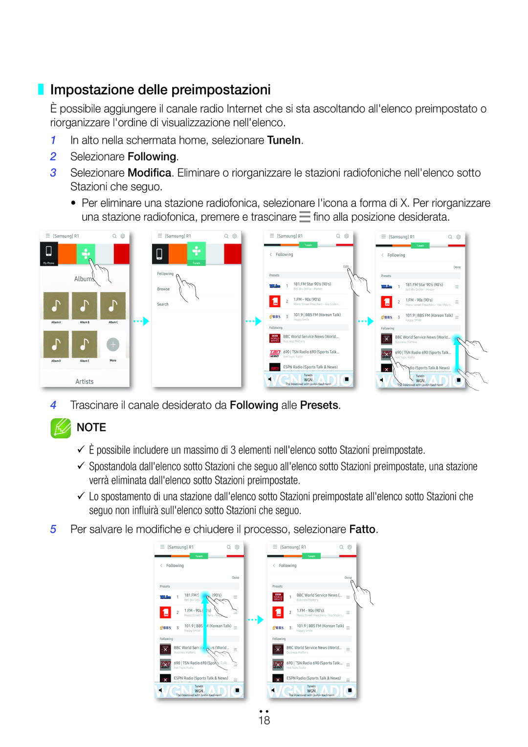 Samsung WAM3500/ZF, WAM1500/ZF manual Impostazione delle preimpostazioni 