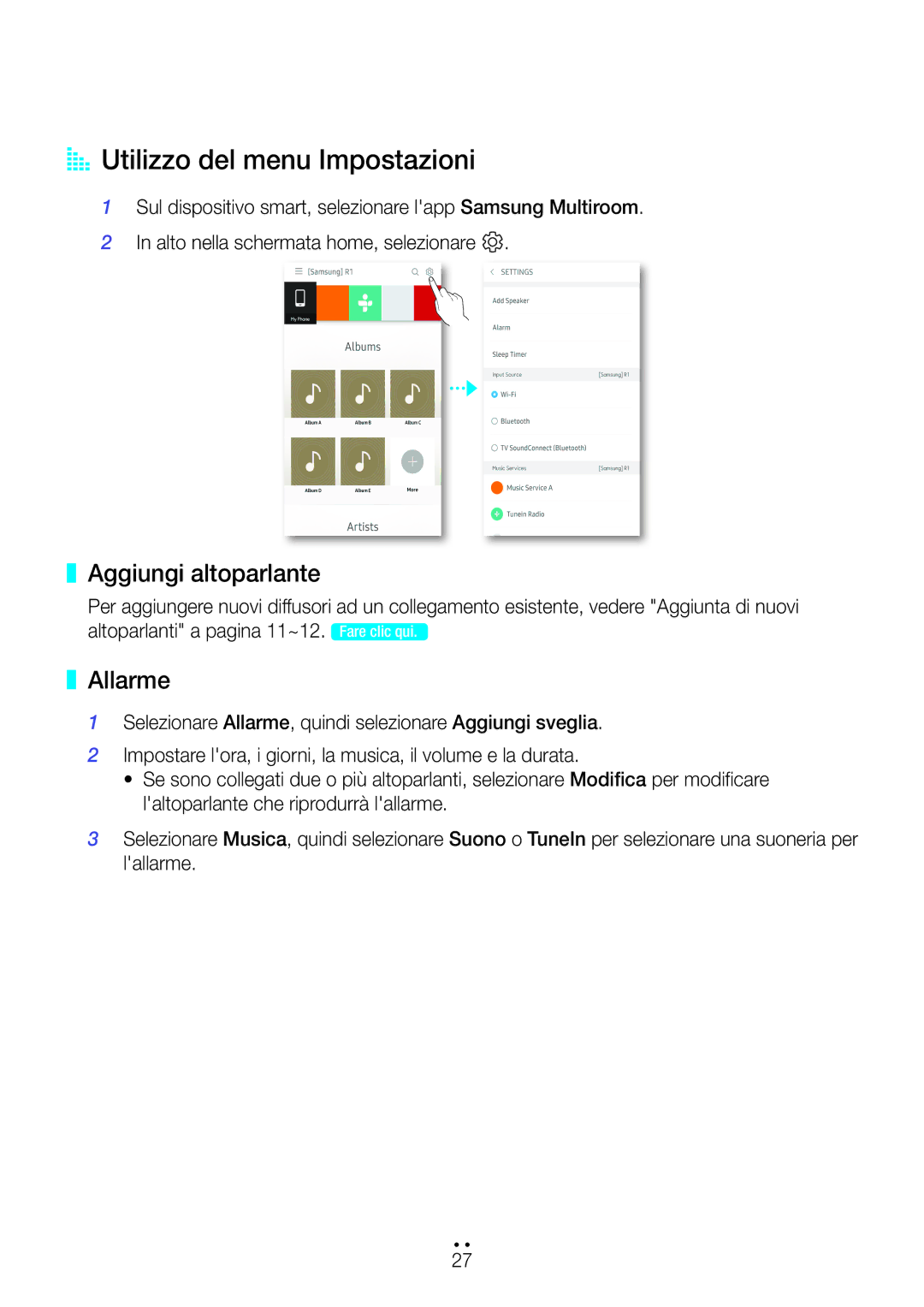 Samsung WAM1500/ZF, WAM3500/ZF manual AA Utilizzo del menu Impostazioni, Aggiungi altoparlante, Allarme 