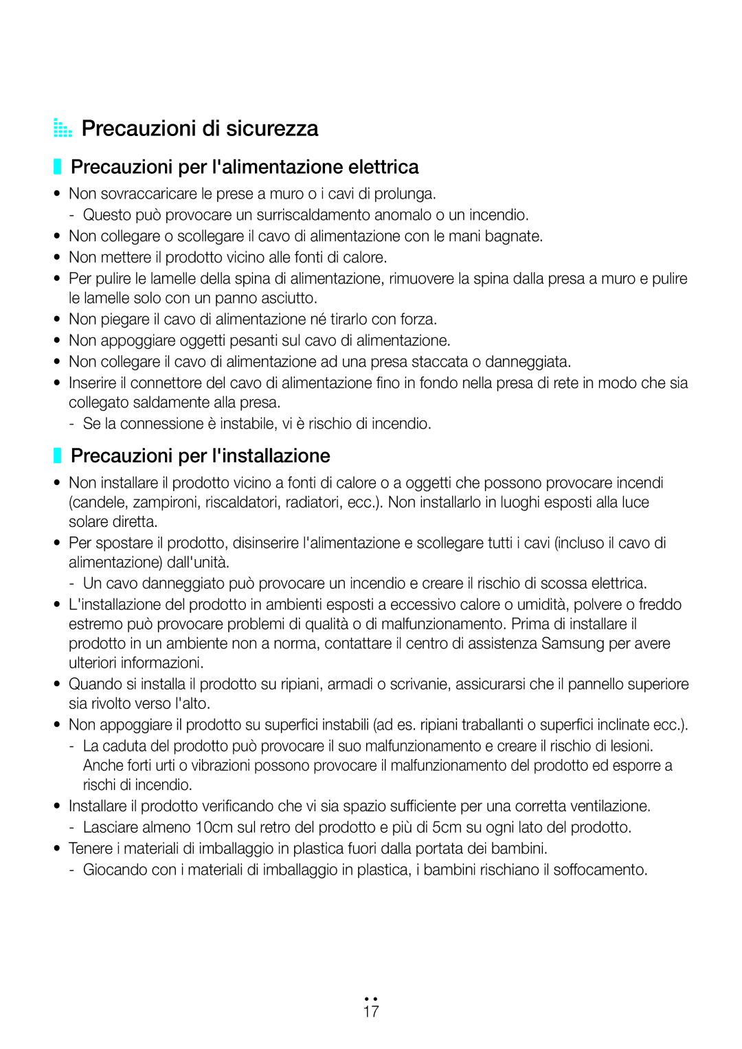 Samsung WAM1500/ZF AA Precauzioni di sicurezza, Precauzioni per lalimentazione elettrica, Precauzioni per linstallazione 