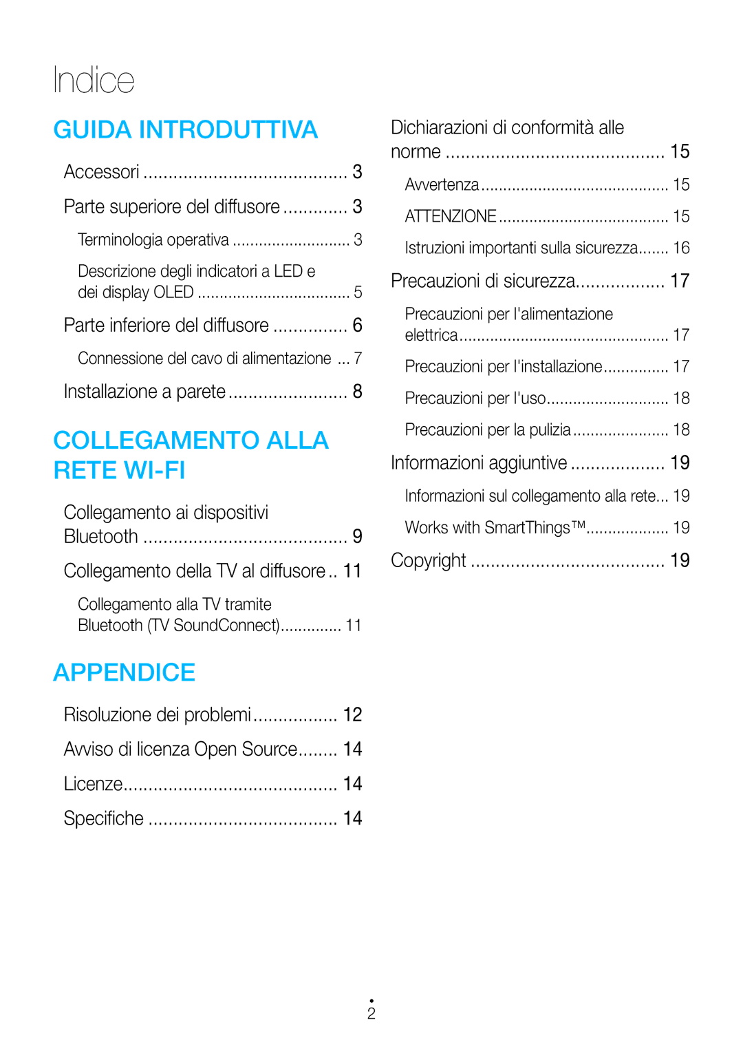 Samsung WAM3500/ZF, WAM1500/ZF manual Indice, Collegamento ai dispositivi, Dichiarazioni di conformità alle 