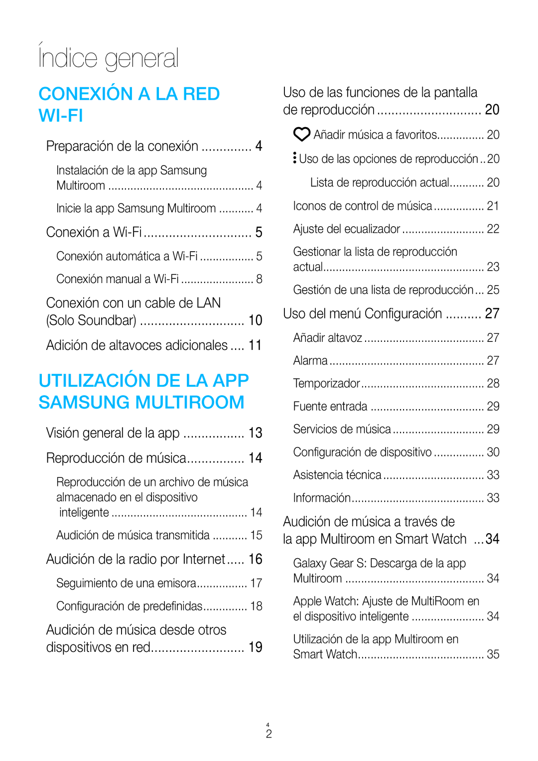 Samsung WAM3500/ZF, WAM1500/ZF manual Índice general, Conexión con un cable de LAN, Audición de música desde otros 