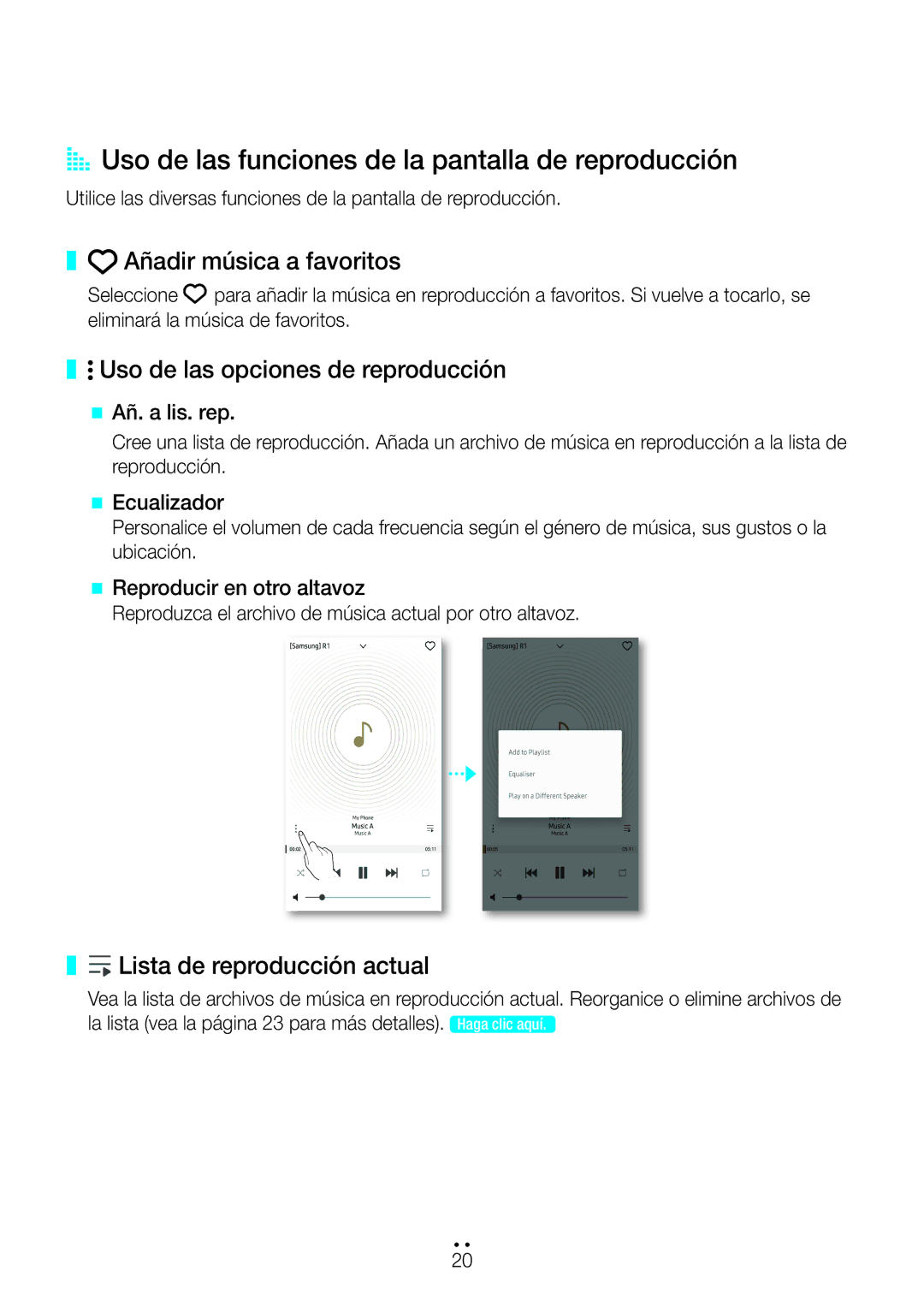 Samsung WAM3500/ZF, WAM1500/ZF manual AA Uso de las funciones de la pantalla de reproducción, Añadir música a favoritos 