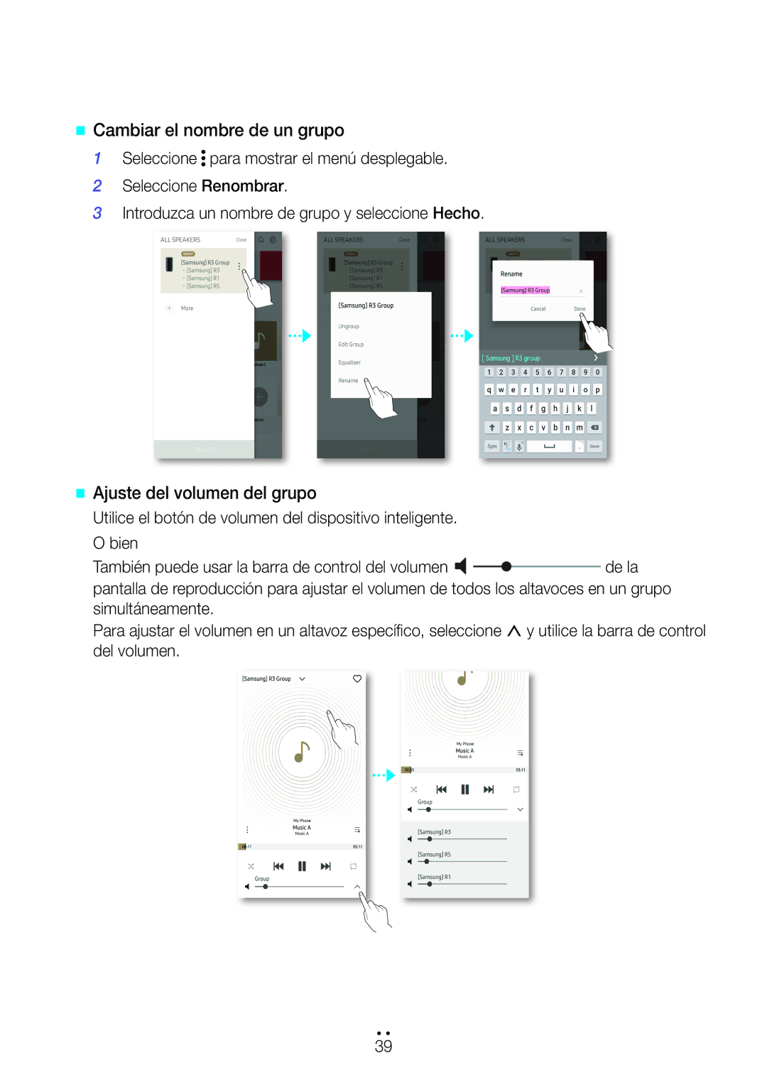 Samsung WAM1500/ZF, WAM3500/ZF manual @@ Cambiar el nombre de un grupo, @@ Ajuste del volumen del grupo 