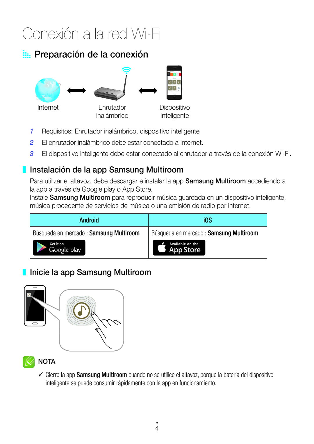 Samsung WAM3500/ZF manual Conexión a la red Wi-Fi, AA Preparación de la conexión, Instalación de la app Samsung Multiroom 