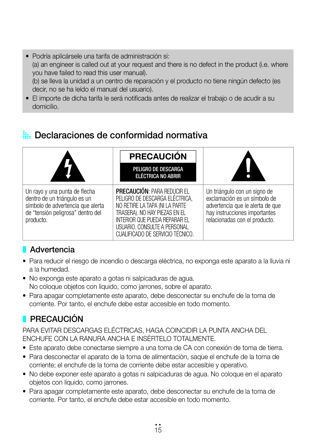 Samsung WAM1500/ZF, WAM3500/ZF manual AA Declaraciones de conformidad normativa, Advertencia 