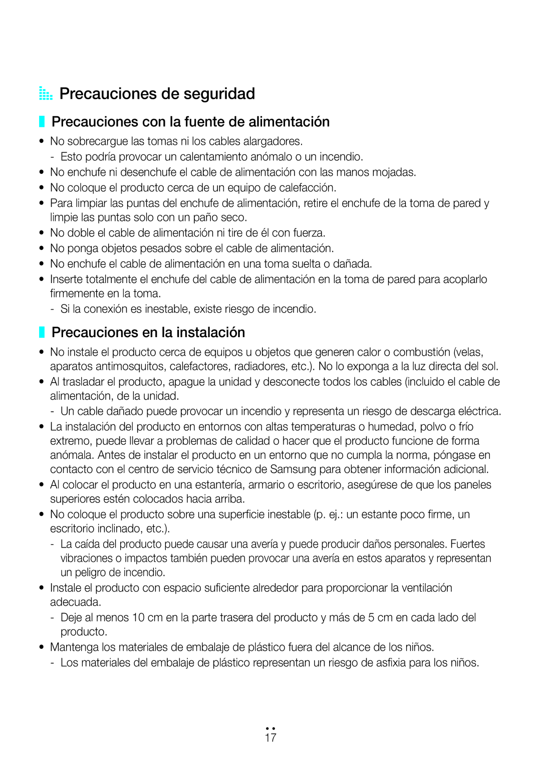 Samsung WAM1500/ZF, WAM3500/ZF manual AA Precauciones de seguridad, Precauciones con la fuente de alimentación 