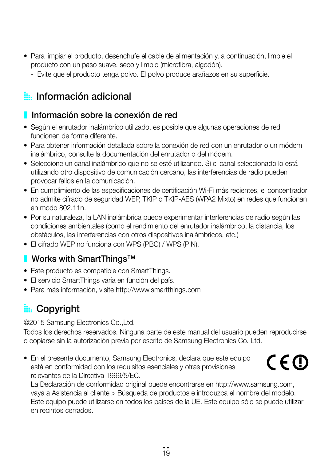 Samsung WAM1500/ZF AA Información adicional, AA Copyright, Información sobre la conexión de red, Works with SmartThings 