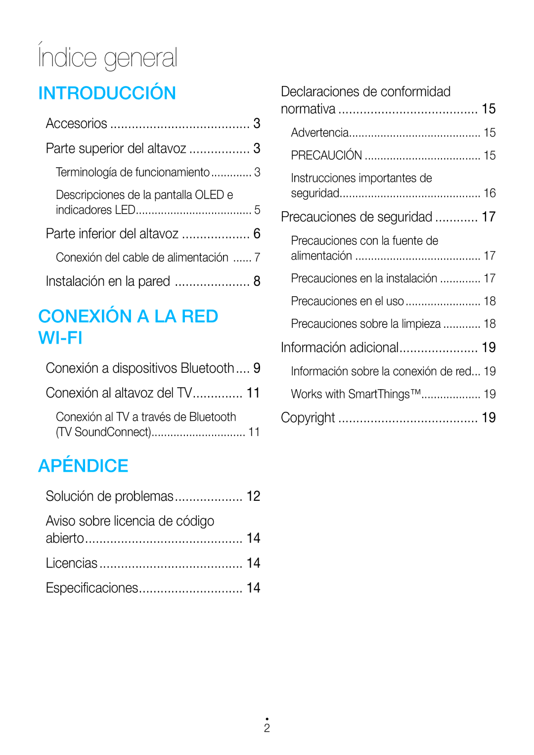 Samsung WAM3500/ZF, WAM1500/ZF manual Índice general, Aviso sobre licencia de código, Declaraciones de conformidad 