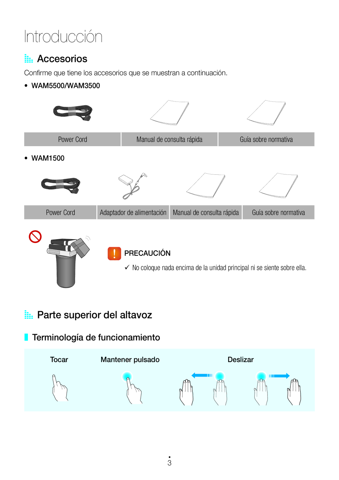 Samsung WAM1500/ZF Introducción, AA Accesorios, AA Parte superior del altavoz, Terminología de funcionamiento, Precaución 