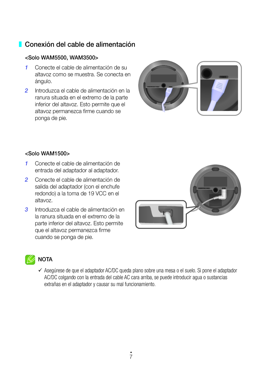 Samsung WAM1500/ZF, WAM3500/ZF manual Conexión del cable de alimentación, Nota 