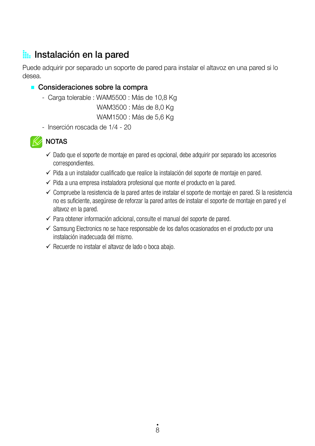 Samsung WAM3500/ZF, WAM1500/ZF manual AA Instalación en la pared, Inserción roscada de 1/4, Notas 