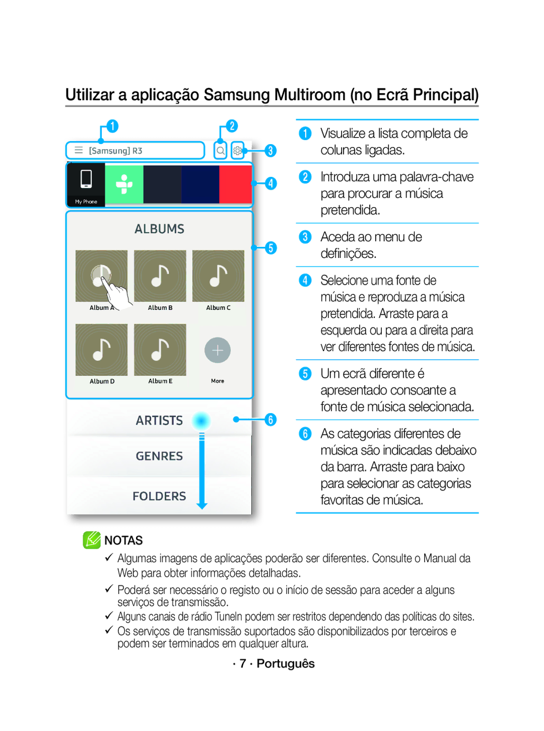 Samsung WAM3500/ZF manual Utilizar a aplicação Samsung Multiroom no Ecrã Principal, Aceda ao menu de Definições 