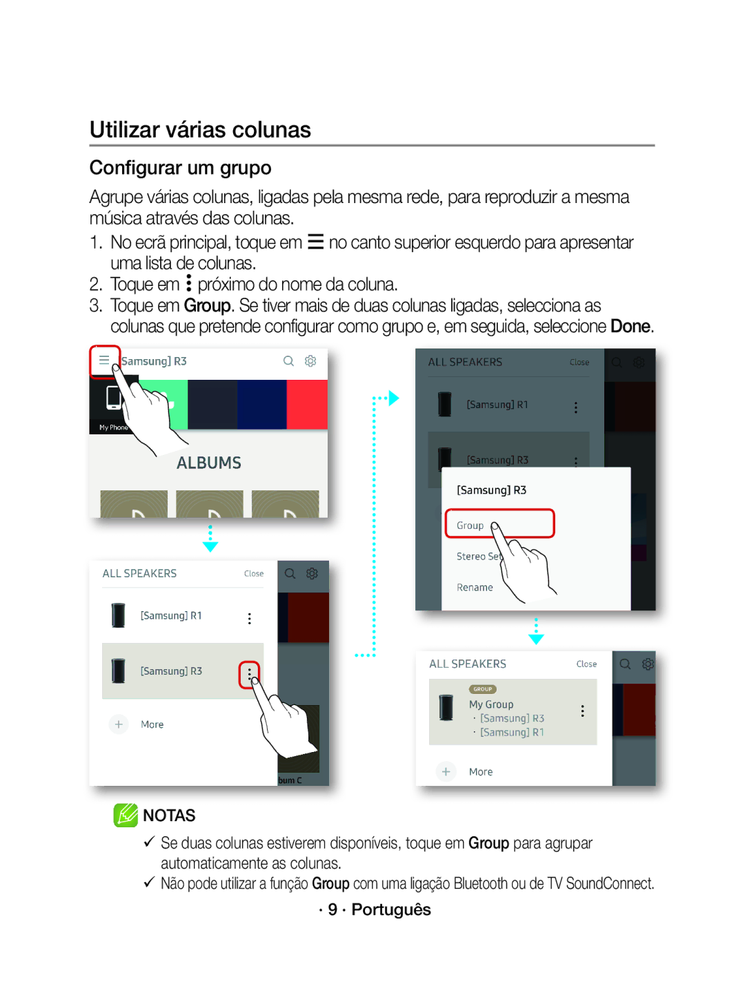 Samsung WAM3500/ZF manual Utilizar várias colunas, Configurar um grupo 