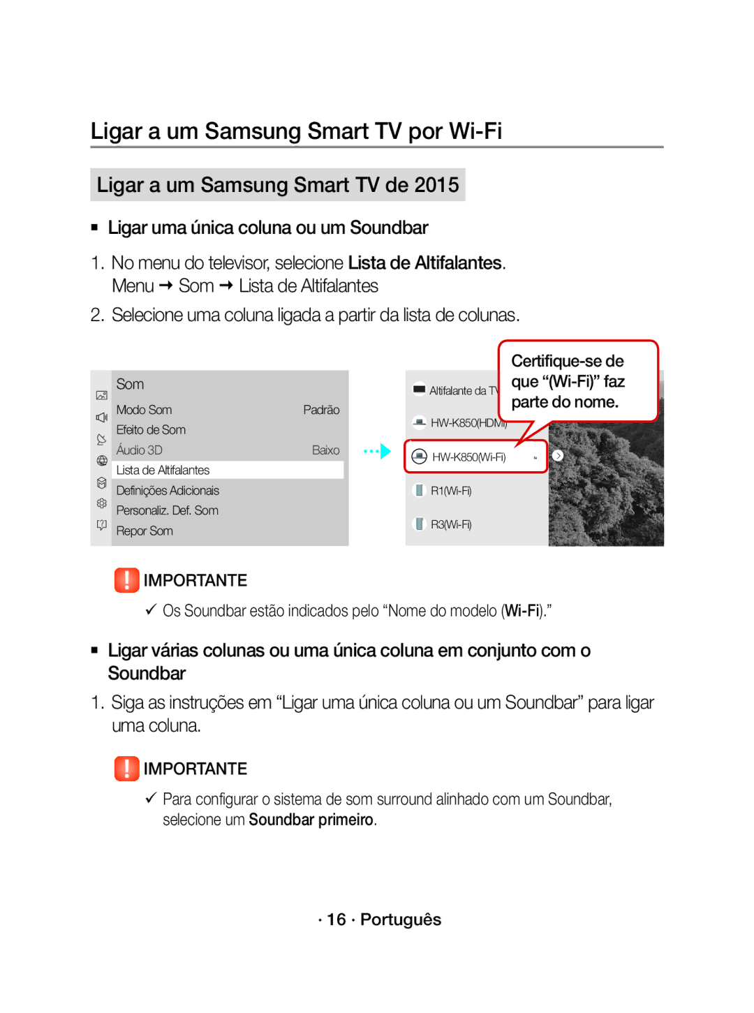 Samsung WAM3500/ZF manual  Ligar uma única coluna ou um Soundbar, Selecione uma coluna ligada a partir da lista de colunas 