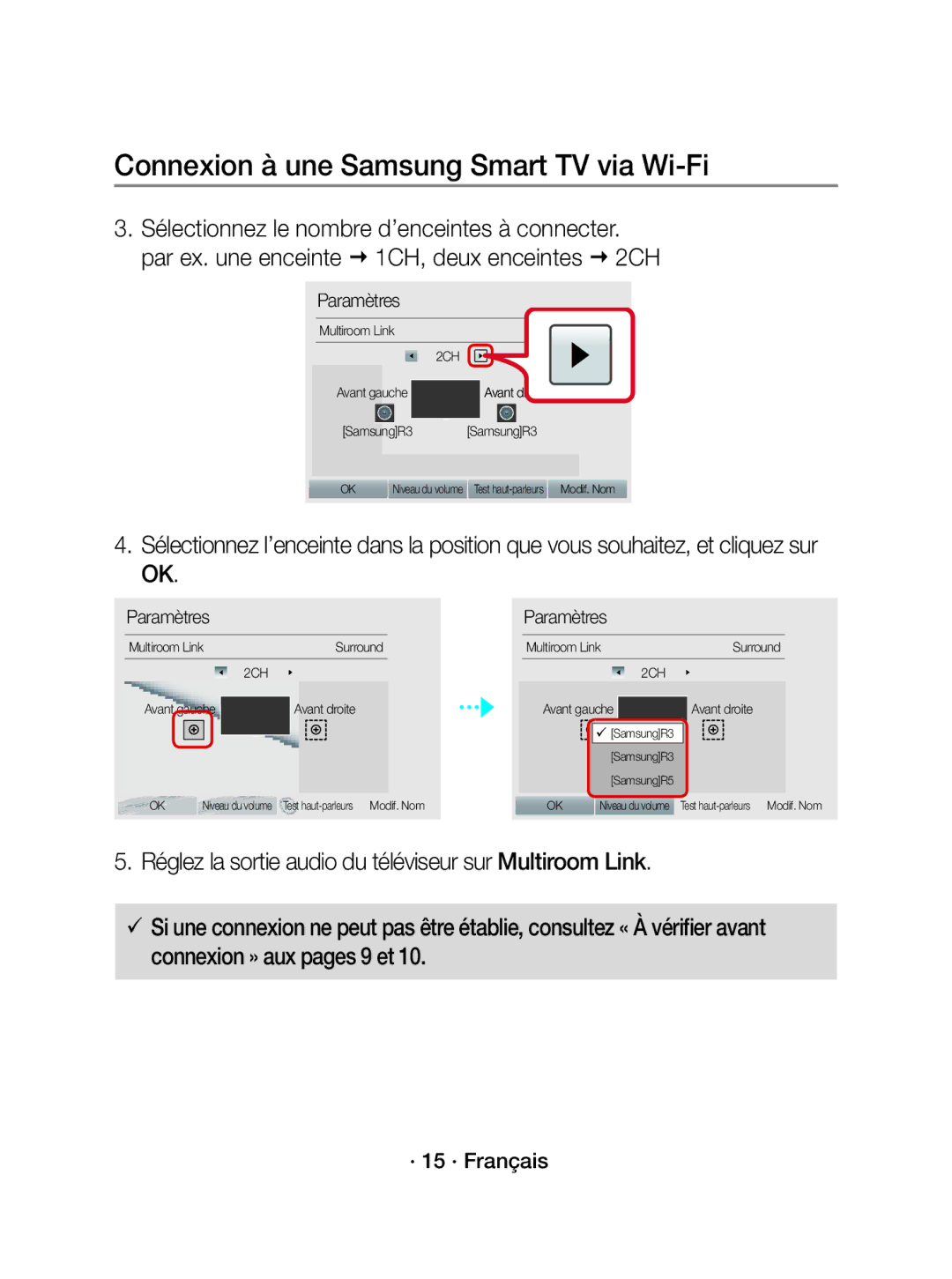 Samsung WAM3501/EN, WAM3501/XN manual · 15 · Français, Avant dr oite, Avant droite 