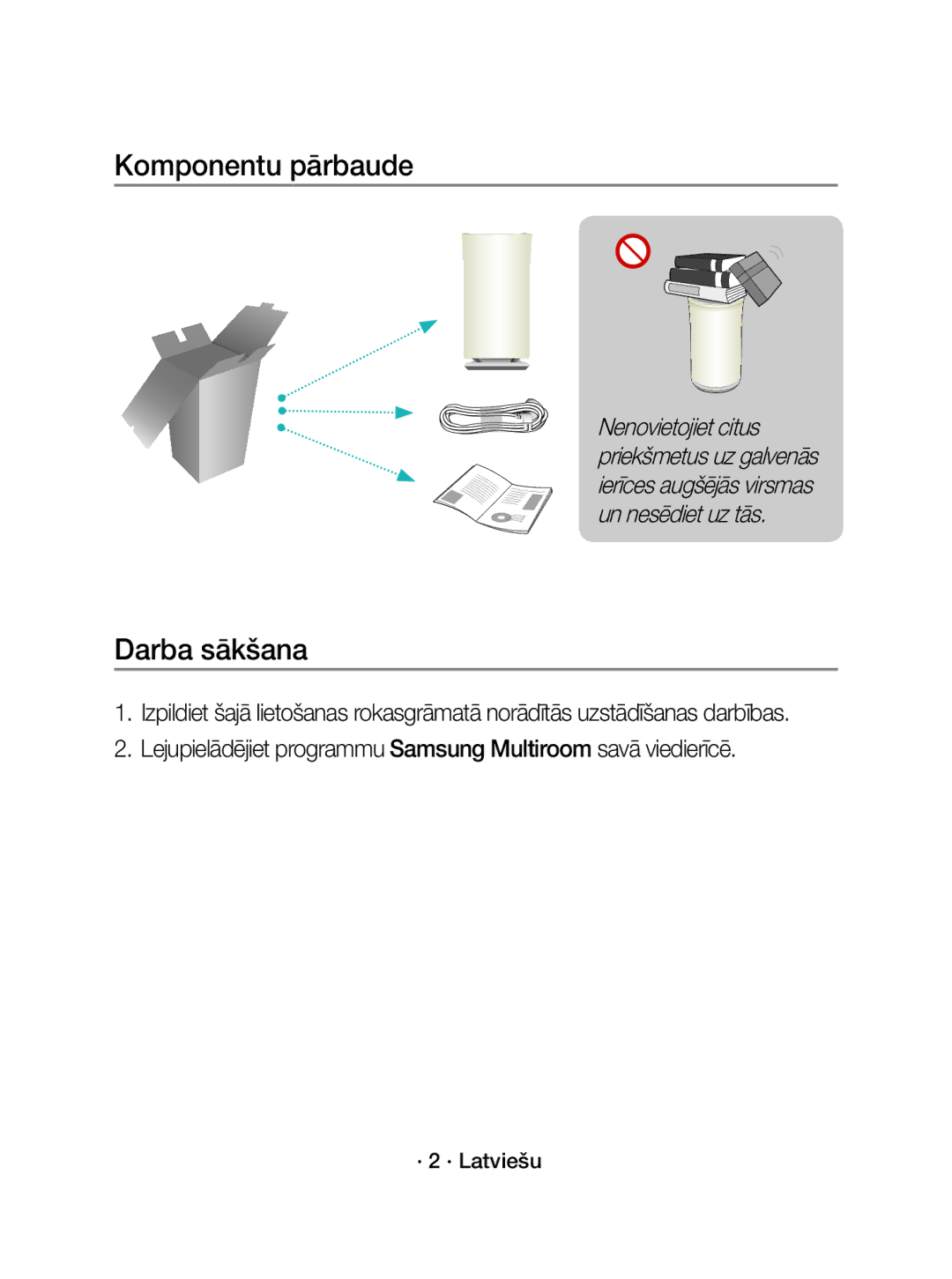 Samsung WAM3501/XN manual Komponentu pārbaude, Darba sākšana, Lejupielādējiet programmu Samsung Multiroom savā viedierīcē 