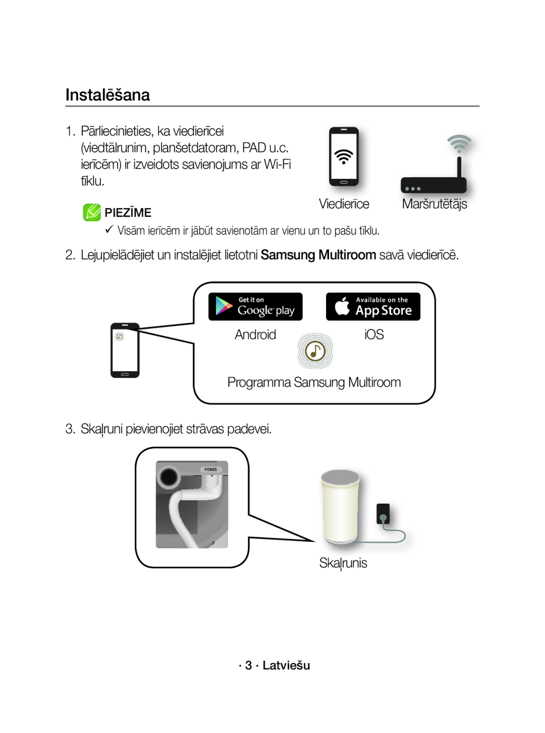 Samsung WAM3501/EN, WAM3501/XN manual Instalēšana, Viedierīce Maršrutētājs, Skaļrunis, · 3 · Latviešu 