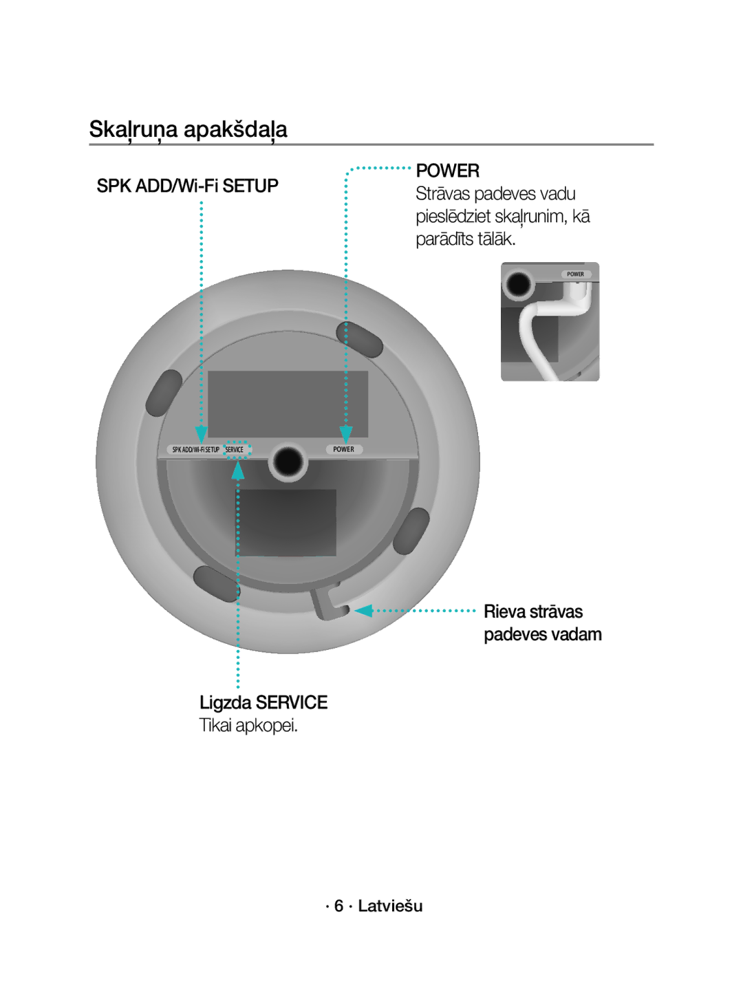 Samsung WAM3501/XN manual Skaļruņa apakšdaļa, Ligzda Service Tikai apkopei, Rieva strāvas padeves vadam, · 6 · Latviešu 