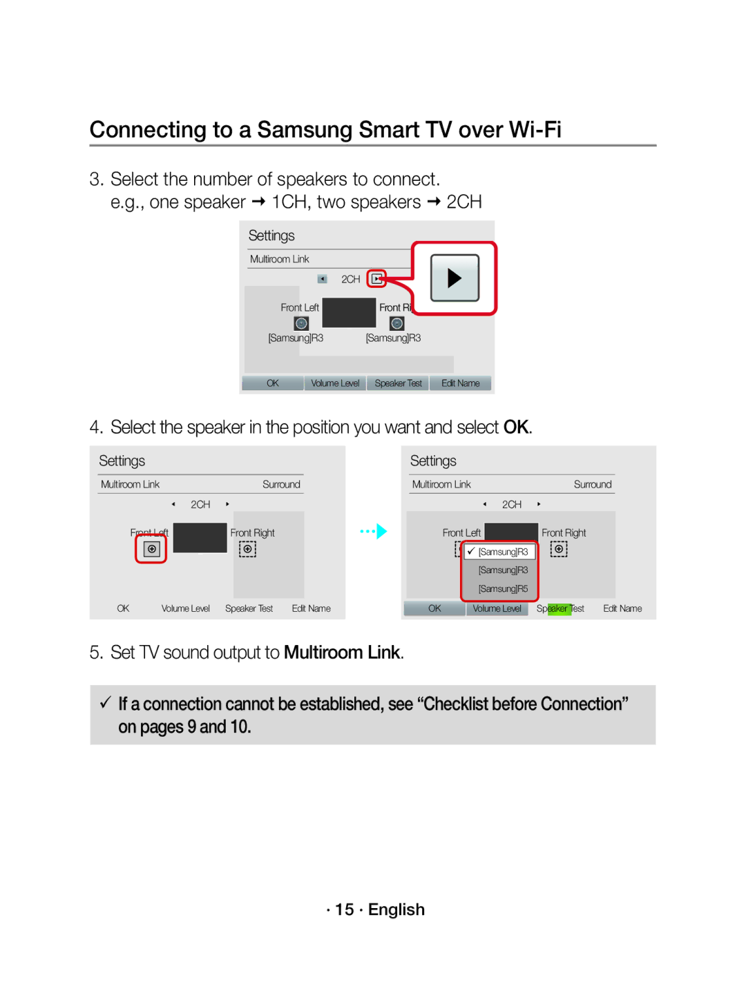 Samsung WAM3501/EN Select the speaker in the position you want and select OK, · 15 · English, Multiroom Link Surround 