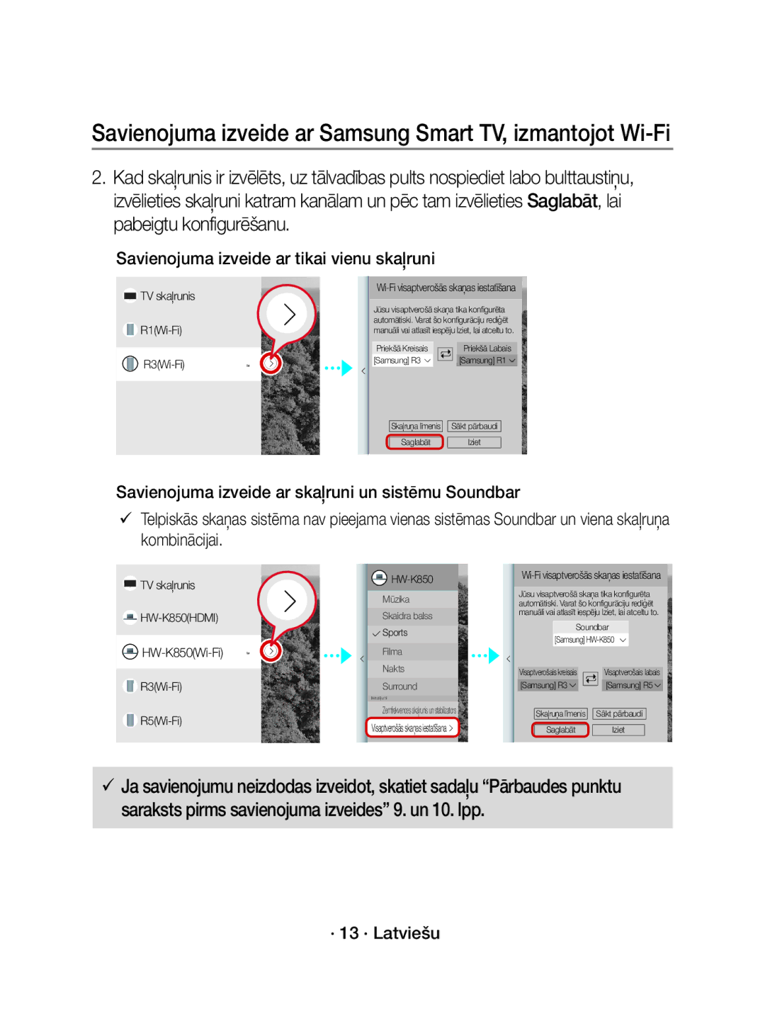 Samsung WAM3501/EN, WAM3501/XN manual Savienojuma izveide ar tikai vienu skaļruni, Wi-Fi visaptverošās skaņas iestatīšana 