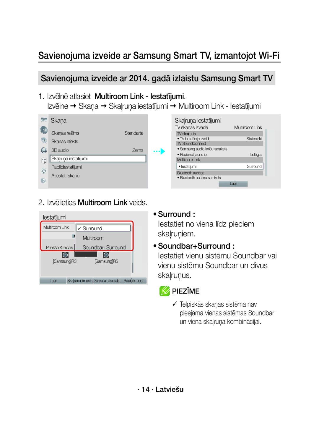 Samsung WAM3501/XN, WAM3501/EN Savienojuma izveide ar 2014. gadā izlaistu Samsung Smart TV, · 14 · Latviešu, Iestatījumi 