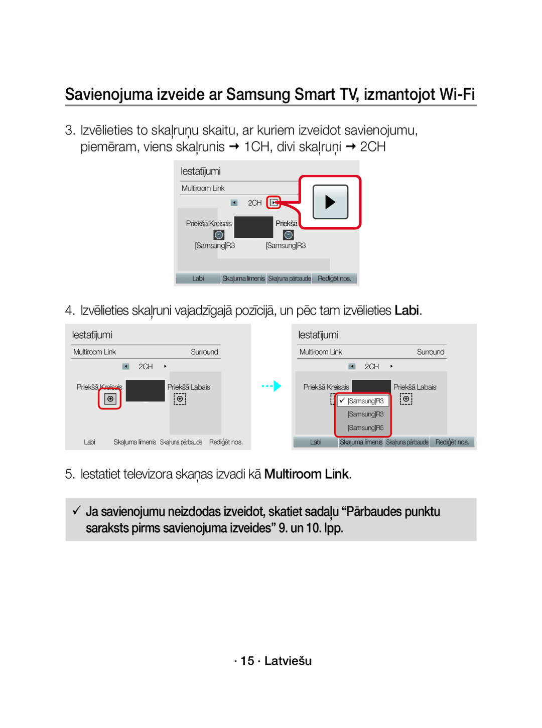 Samsung WAM3501/EN, WAM3501/XN manual Iestatiet televizora skaņas izvadi kā Multiroom Link, Priekšā Labais 