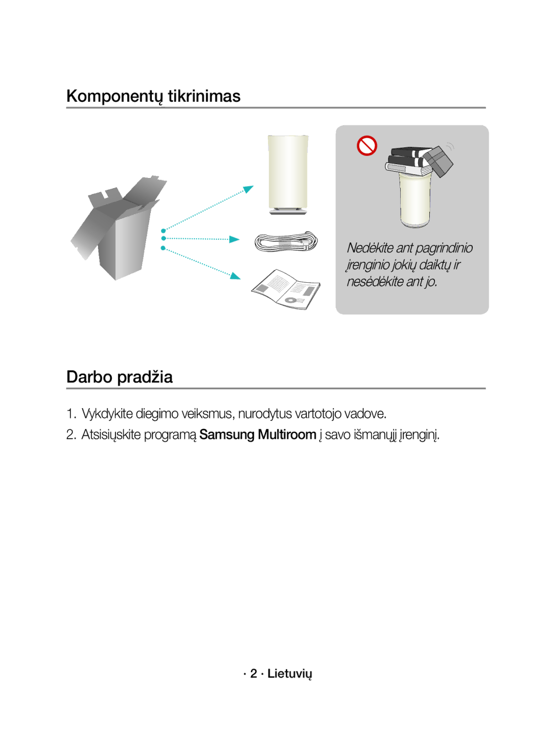 Samsung WAM3501/EN, WAM3501/XN manual Komponentų tikrinimas, Darbo pradžia, · 2 · Lietuvių 