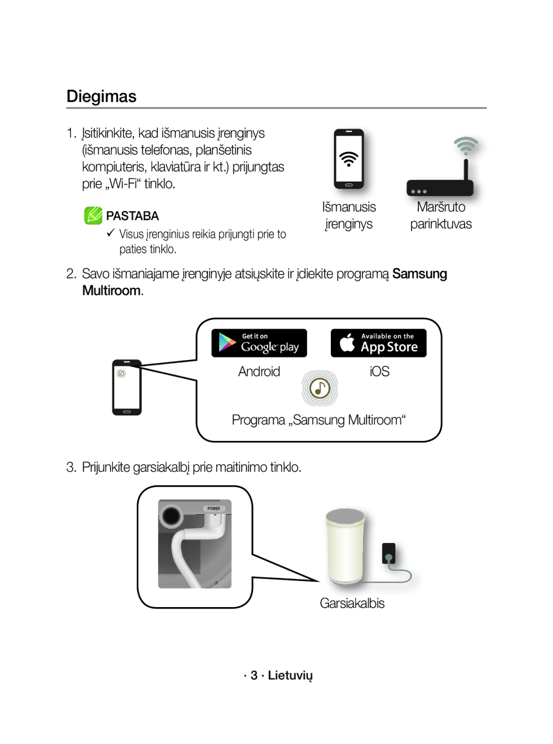 Samsung WAM3501/XN manual Diegimas, Garsiakalbis,  Visus įrenginius reikia prijungti prie to paties tinklo, · 3 · Lietuvių 