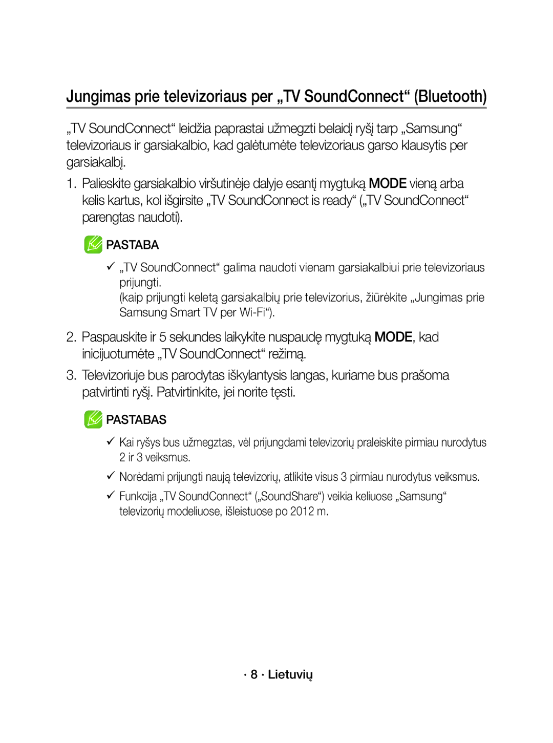 Samsung WAM3501/EN, WAM3501/XN manual Jungimas prie televizoriaus per „TV SoundConnect Bluetooth, · 8 · Lietuvių 