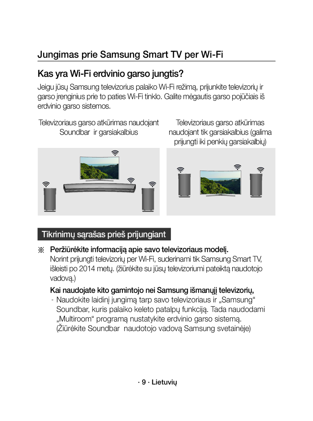 Samsung WAM3501/XN, WAM3501/EN manual Tikrinimų sąrašas prieš prijungiant, Televizoriaus garso atkūrimas naudojant 