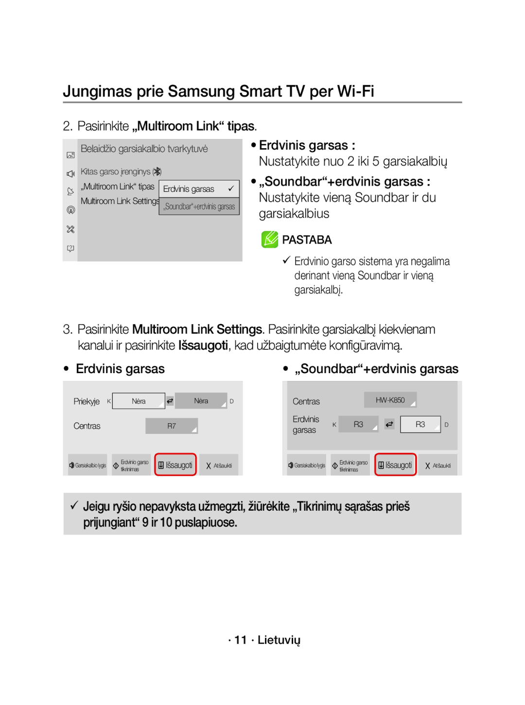 Samsung WAM3501/XN manual Pasirinkite „Multiroom Link tipas, Erdvinis garsas, „Soundbar+erdvinis garsas, · 11 · Lietuvių 