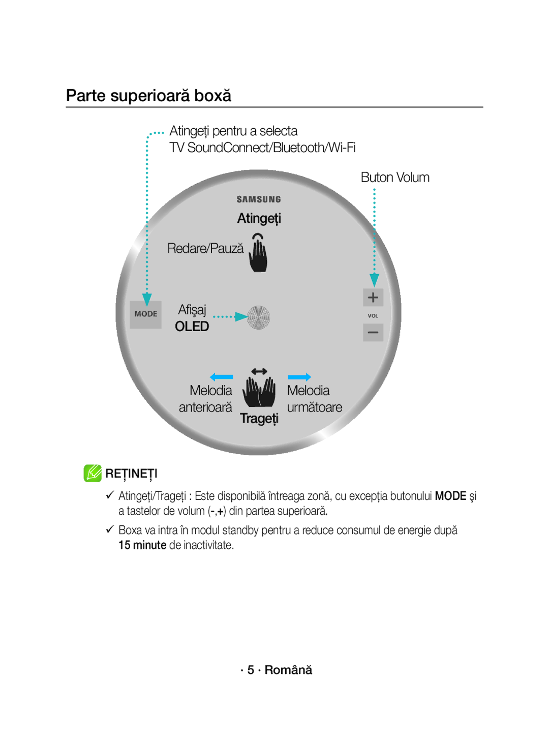 Samsung WAM3501/XN, WAM3501/EN manual Parte superioară boxă, Melodia Melodia Anterioară următoare Trageţi 