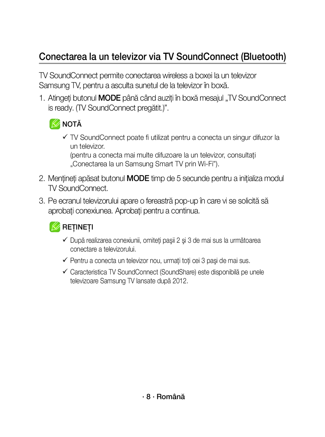 Samsung WAM3501/EN, WAM3501/XN manual Conectarea la un televizor via TV SoundConnect Bluetooth, · 8 · Română 