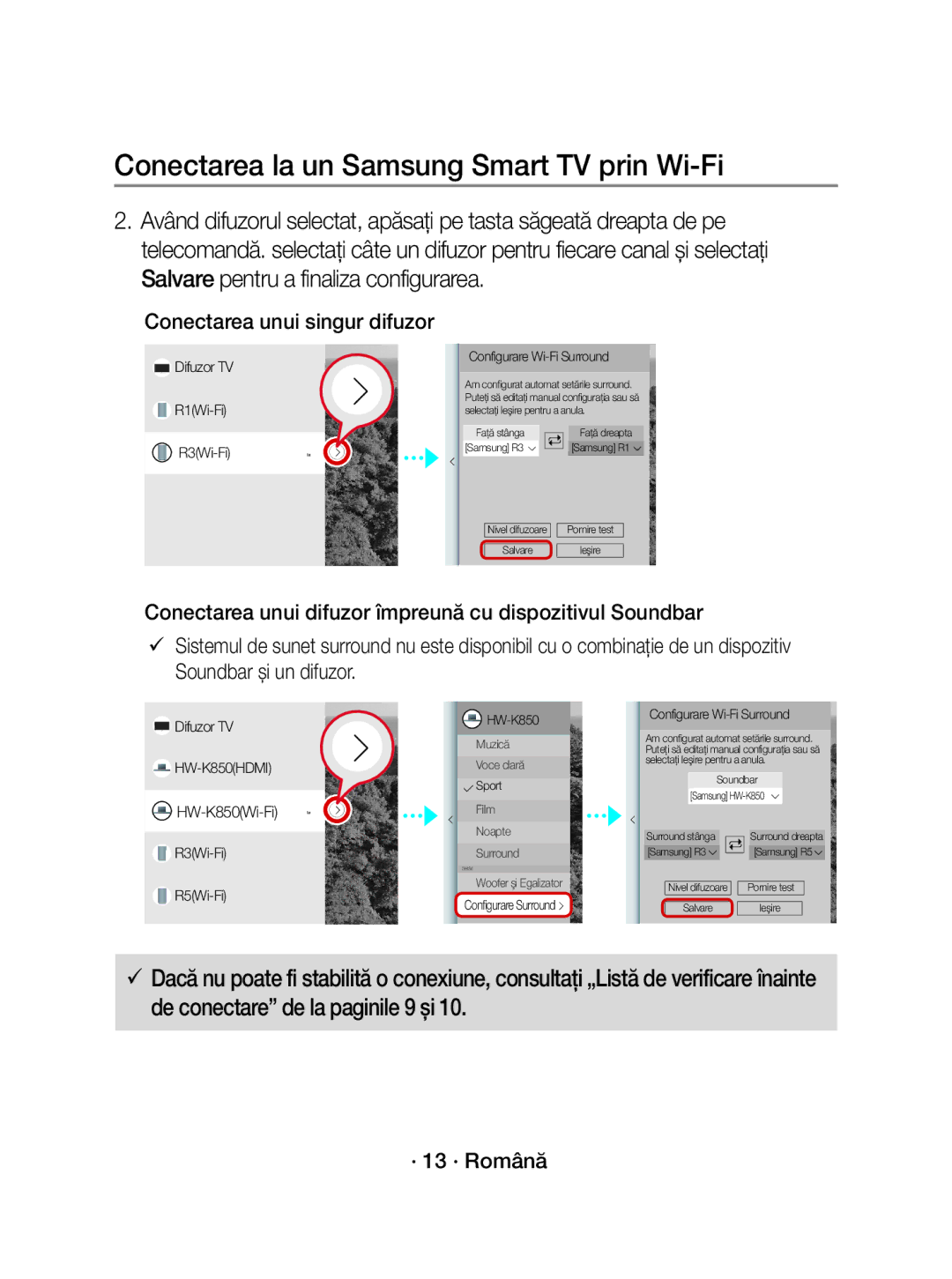 Samsung WAM3501/XN, WAM3501/EN manual · 13 · Română, Difuzor TV R1Wi-Fi R3Wi-Fi Configurare Wi-Fi Surround 