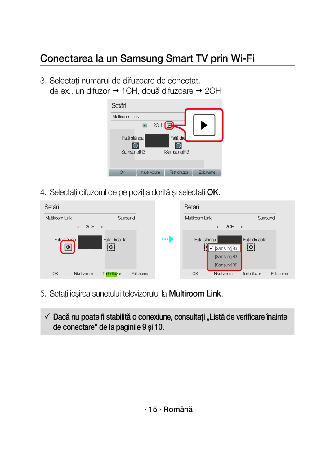 Samsung WAM3501/XN manual Selectați difuzorul de pe poziția dorită și selectați OK, · 15 · Română, Faţă dre apta SamsungR3 